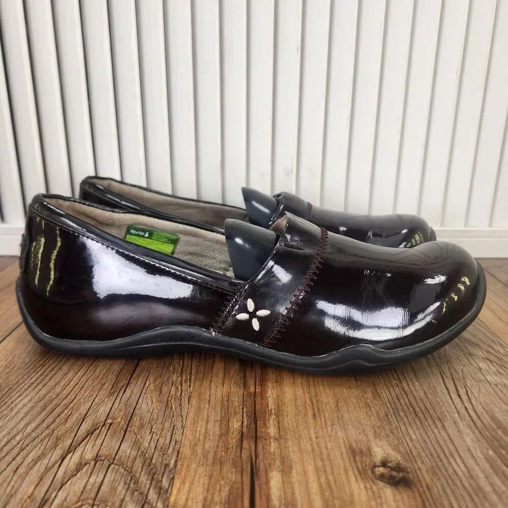 Ahnu Jackie Womens Size 8.5 Brown Patent Leather Comfort Slip On Loafers Shoes